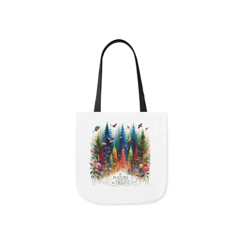White tote bag with black handles, front forest and birds artwork with Nature Trust logo