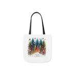 White tote bag with black handles, front forest and birds artwork with Nature Trust logo