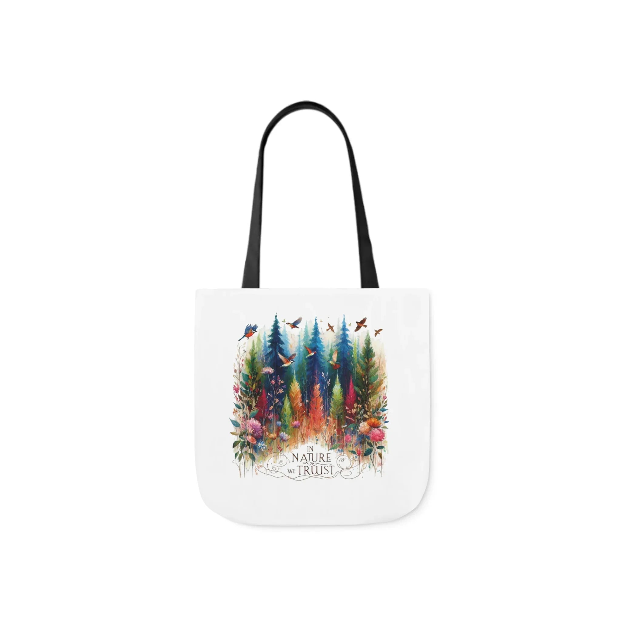 White tote bag with black handles, front forest and birds artwork with Nature Trust logo