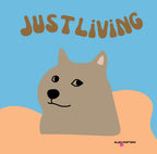 Close-up dog illustration on blue ceramic mug with “JUST LIVING” lettering
