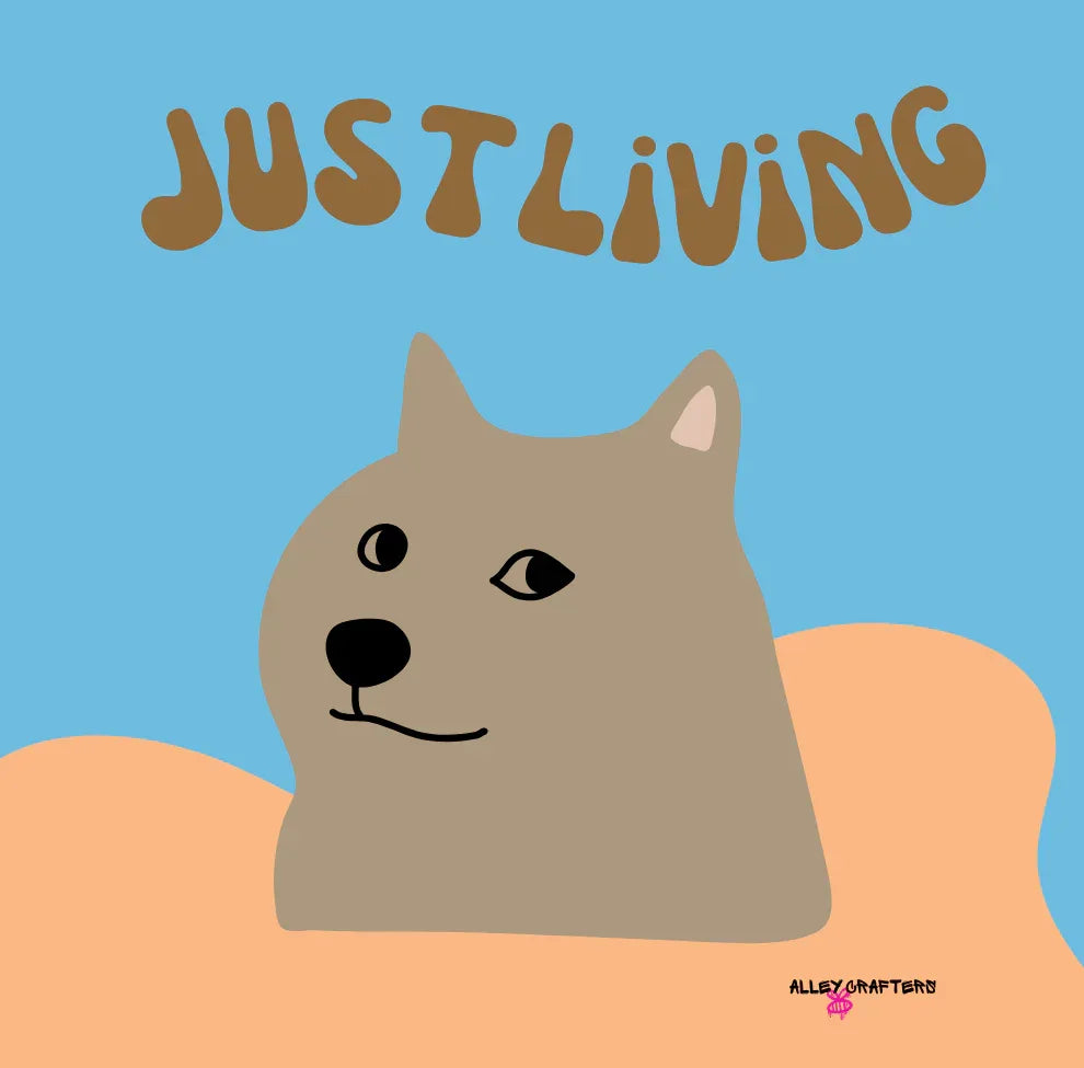 Close-up dog illustration on blue ceramic mug with “JUST LIVING” lettering