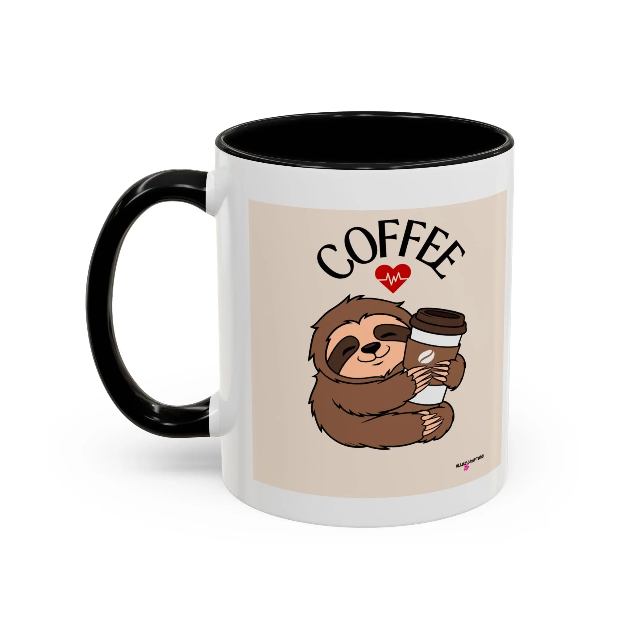 White coffee mug with black interior and handle, sloth holding a mug under 'COFFEE'