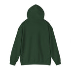 Dark green unisex pullover hoodie back view with hood and solid fabric