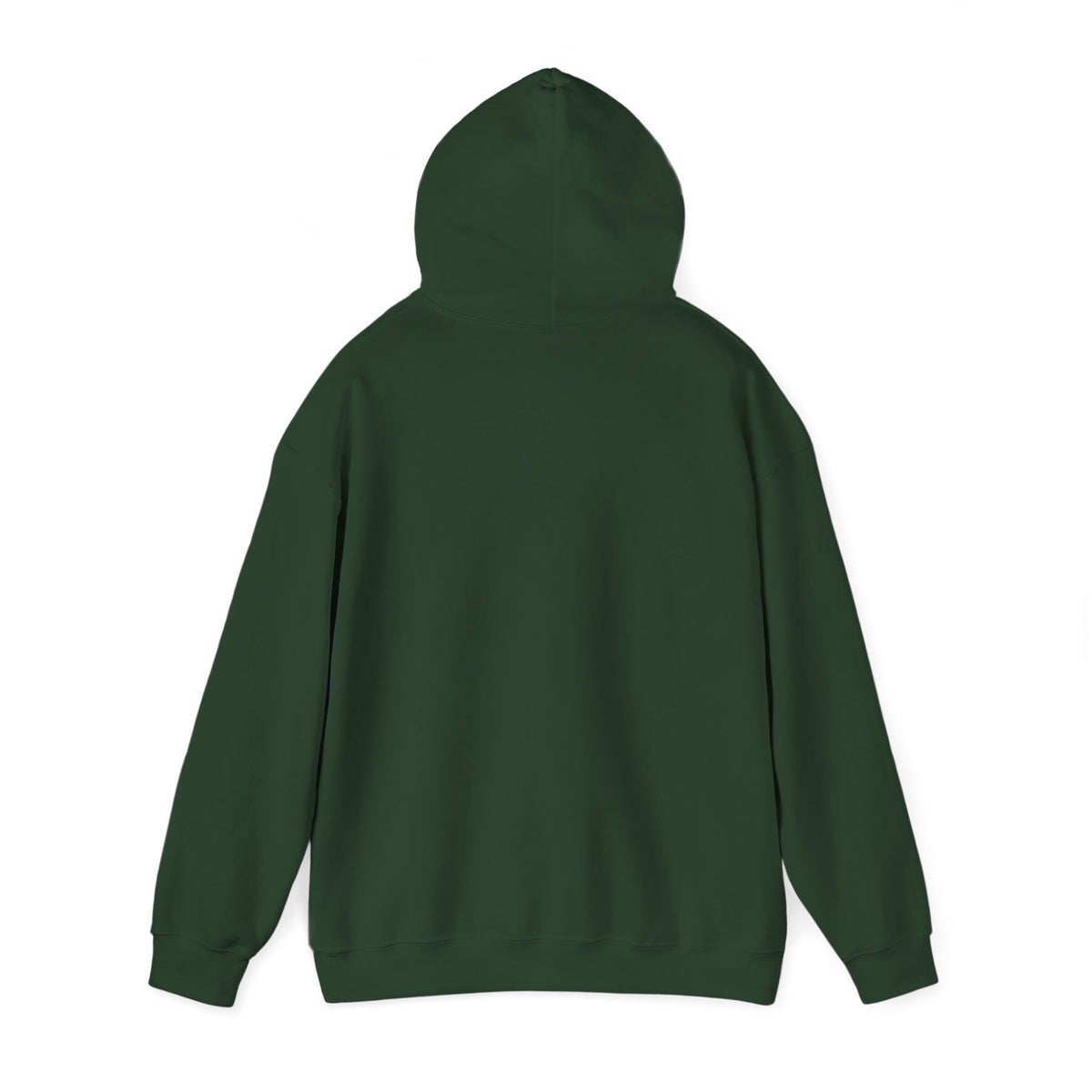 Dark green unisex pullover hoodie back view with hood and solid fabric