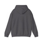 Gray pullover hoodie with hood and ribbed cuffs, back view