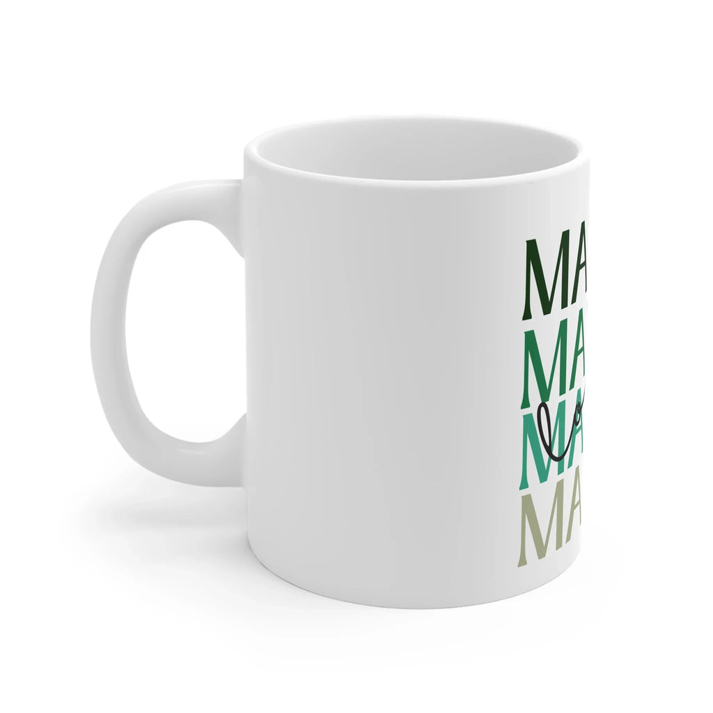 White ceramic matcha mug with green MATCHA text, side view