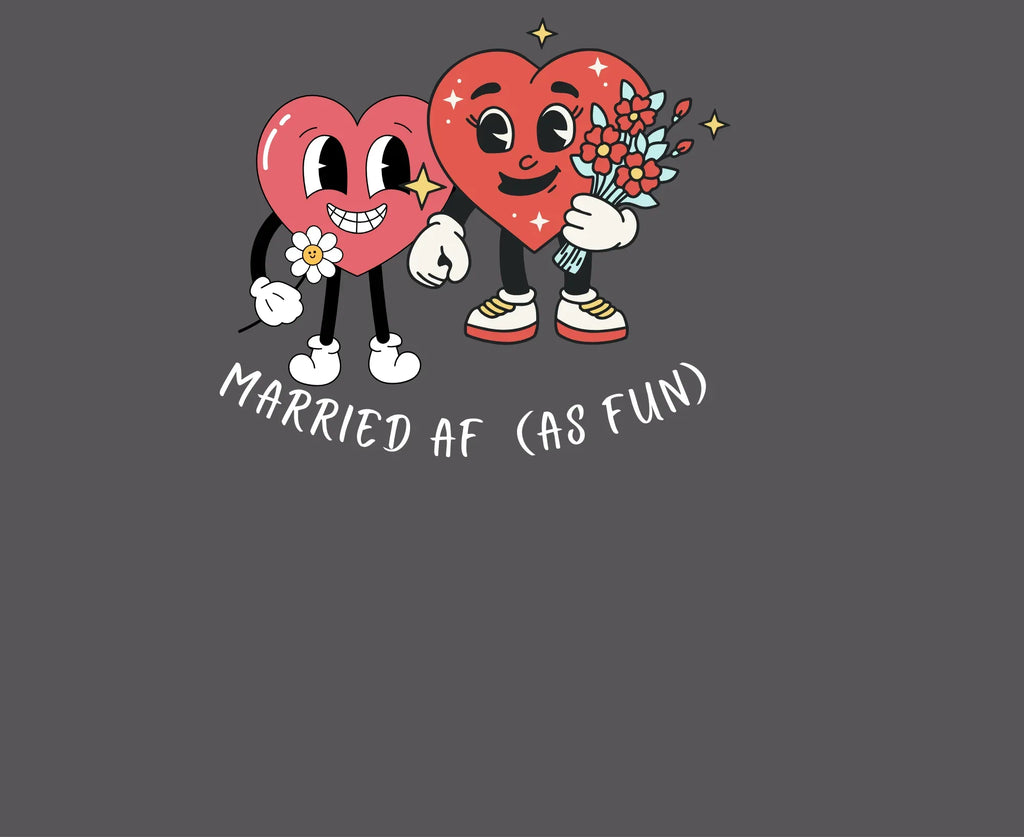 Charcoal hoodie sweatshirt with red heart cartoon graphic and 'Married AF (as fun)'
