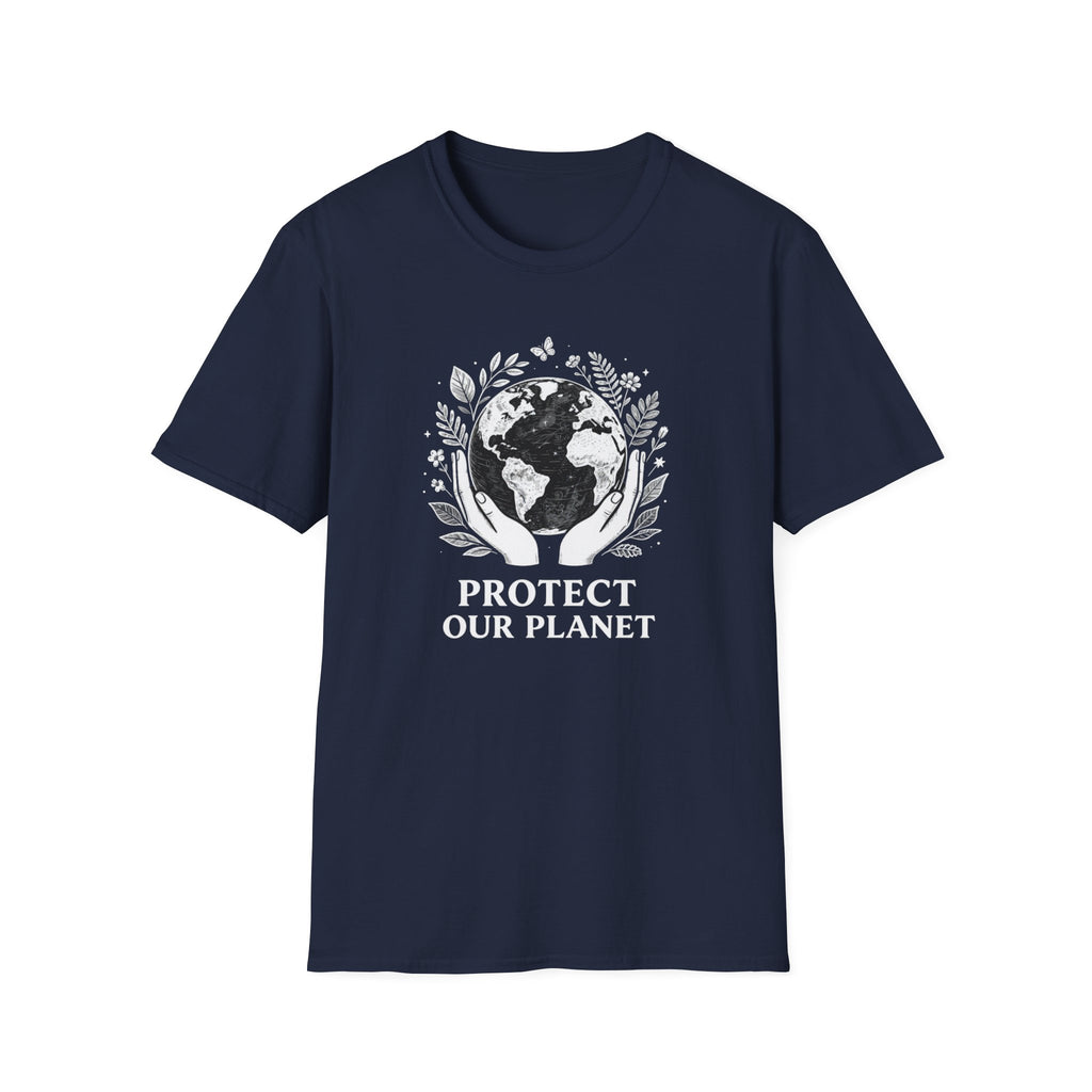 Navy T-shirt with globe laurel graphic and 'PROTECT OUR PLANET'