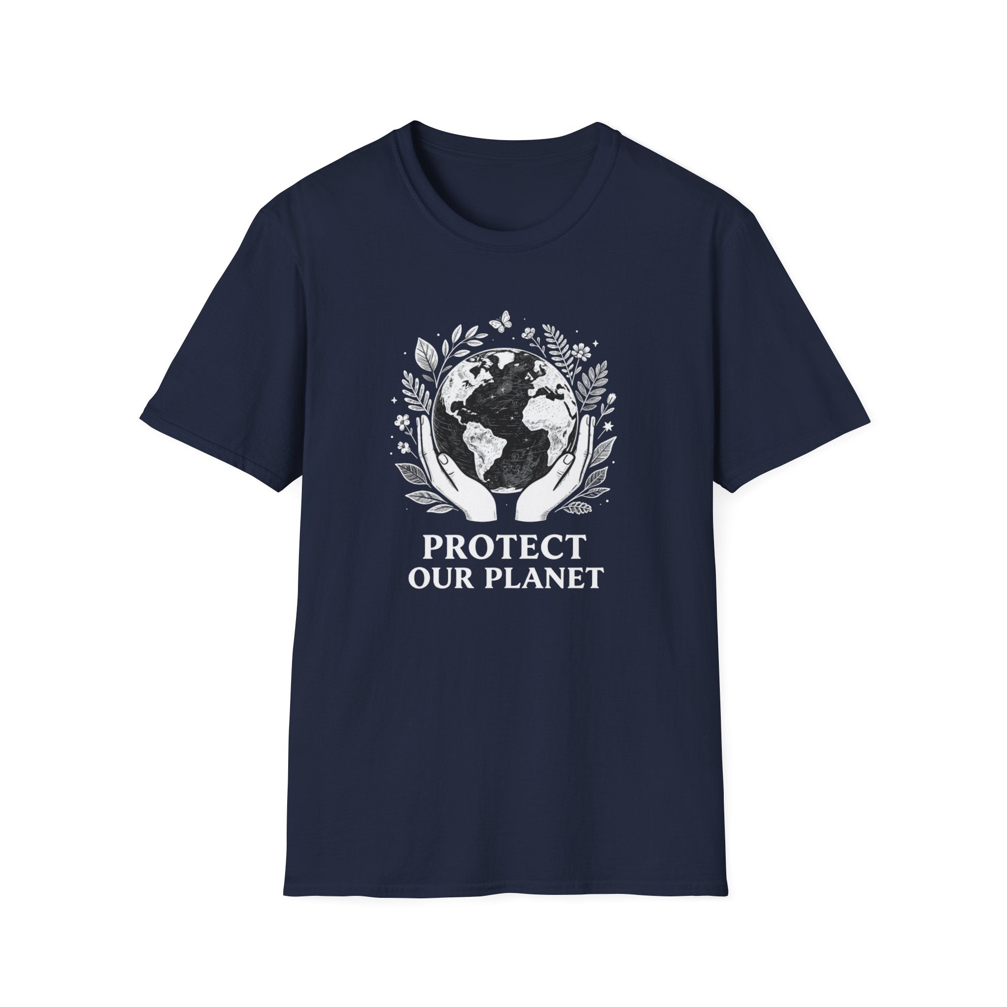 Navy T-shirt with globe laurel graphic and 'PROTECT OUR PLANET'