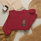 Antique cherry red crewneck sweatshirt with front plant wreath graphic