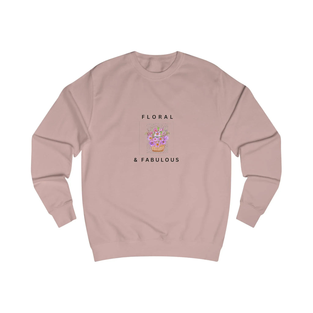 Dusty pink crewneck sweatshirt with Floral & Fabulous graphic on back.