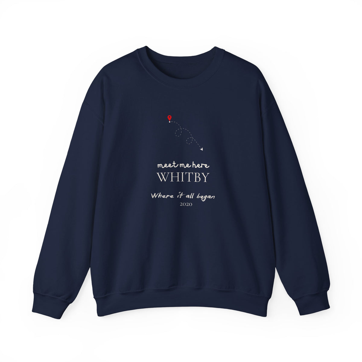 Navy personalised place name sweatshirt with 'meet me here' WHITBY and date