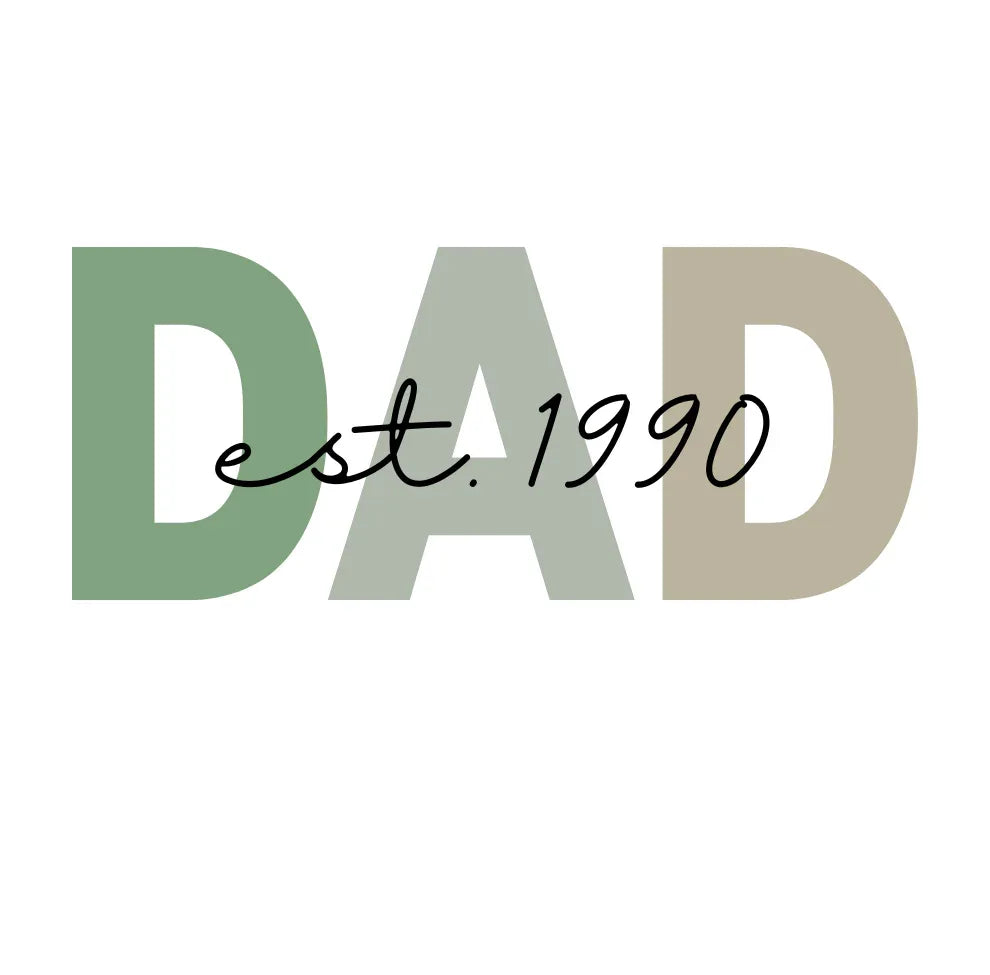 White ceramic coffee mug close-up with DAD and Est. 1990 text