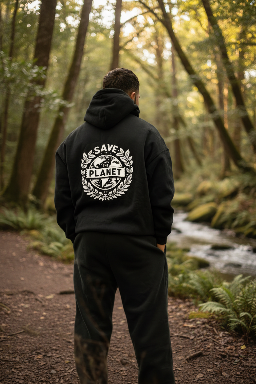 Black hooded sweatshirt, back graphic and kangaroo pocket, full body view