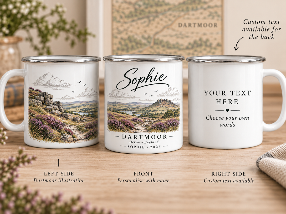 Enamel camping mugs set showing front and side views, with custom text layout notes