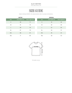 Alley Crafters size guide chart showing conversions between metric and imperial sizes for a short-sleeve crew neck t-shirt, with a simple line drawing of a t-shirt indicating chest width and body length.
