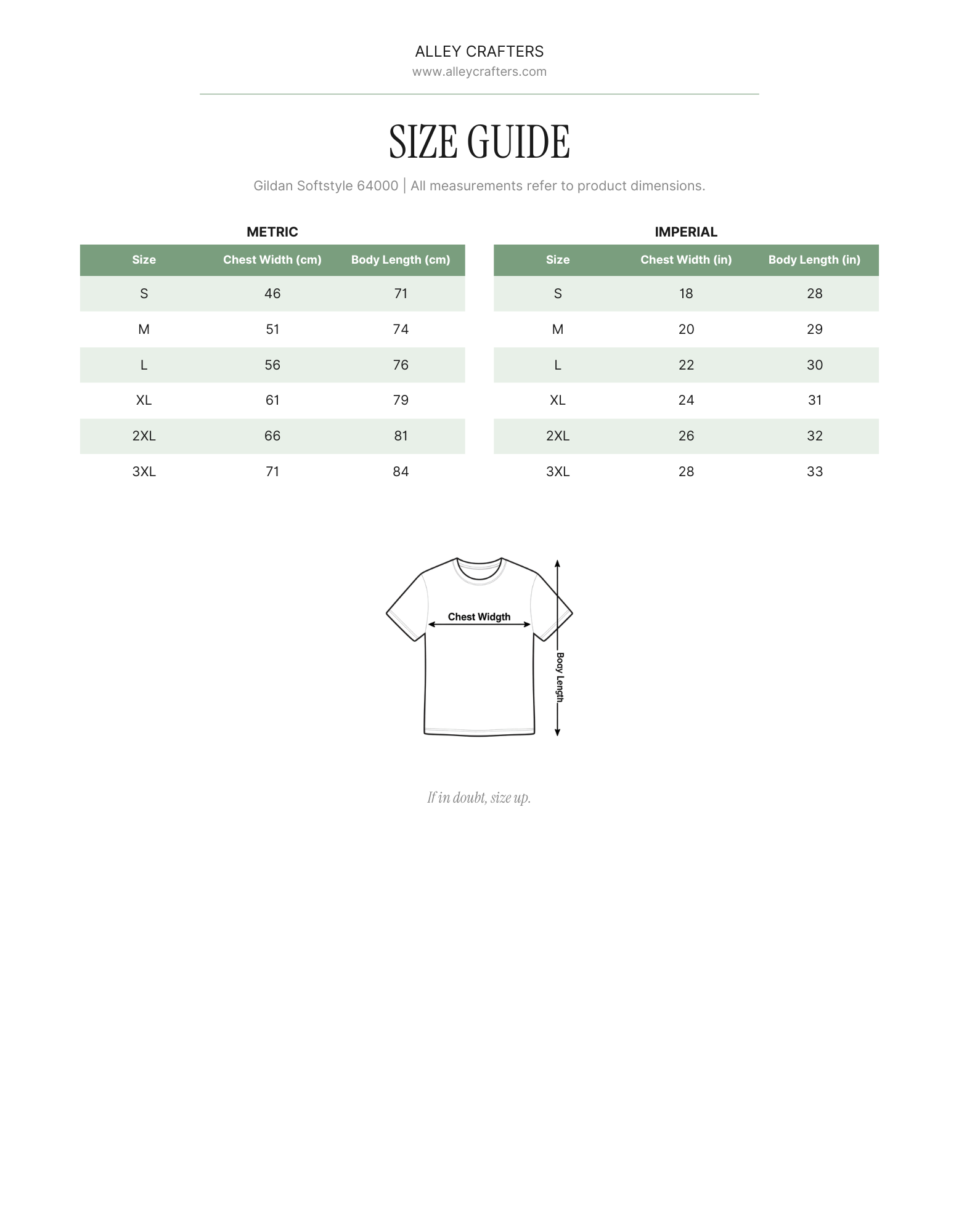 Alley Crafters size guide chart showing conversions between metric and imperial sizes for a short-sleeve crew neck t-shirt, with a simple line drawing of a t-shirt indicating chest width and body length.