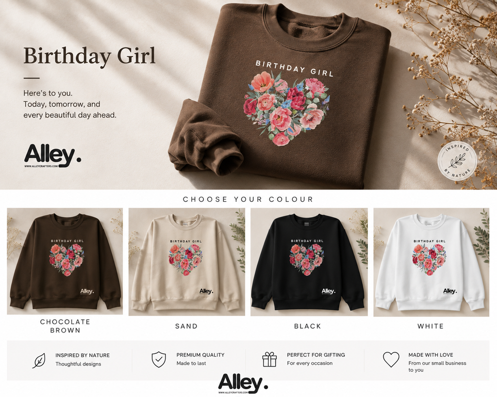 Chocolate brown crewneck sweatshirt with “Birthday Girl” text and floral heart graphic