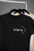 Black mum T-shirt on hangers, script chest logo, crew neckline