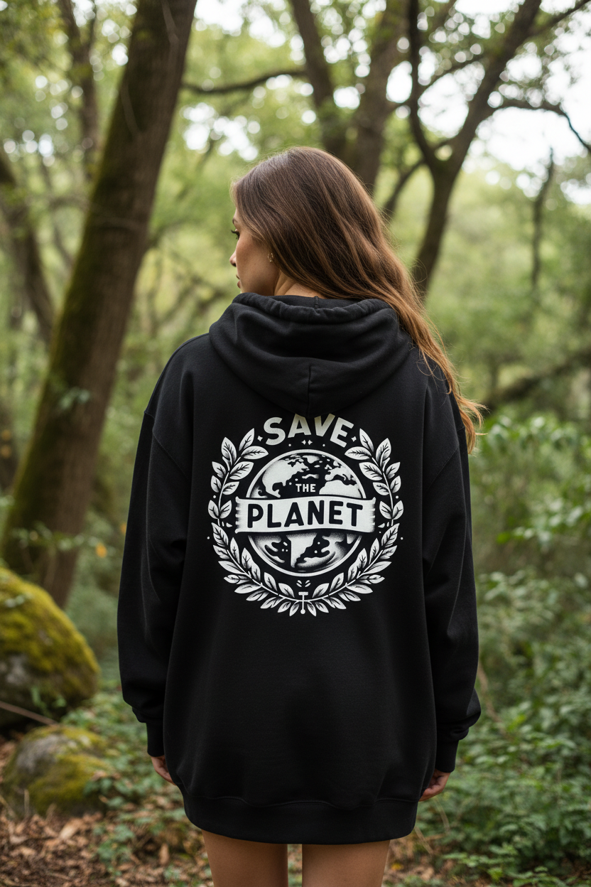 Black hooded sweatshirt with Save the Planet back emblem and kangaroo pocket