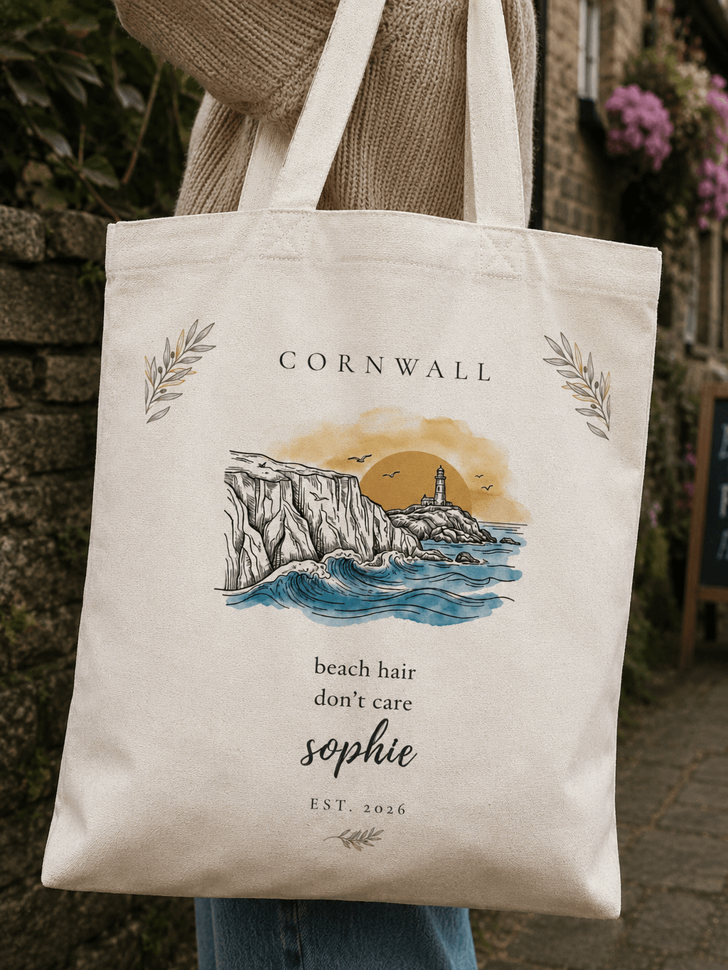 Personalised Coastal Tote Bag — Lighthouse & Cliffs Illustration with Custom Text & Year - AlleyCrafters