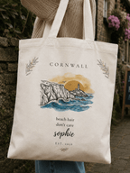 Personalised Coastal Tote Bag — Lighthouse & Cliffs Illustration with Custom Text & Year - AlleyCrafters