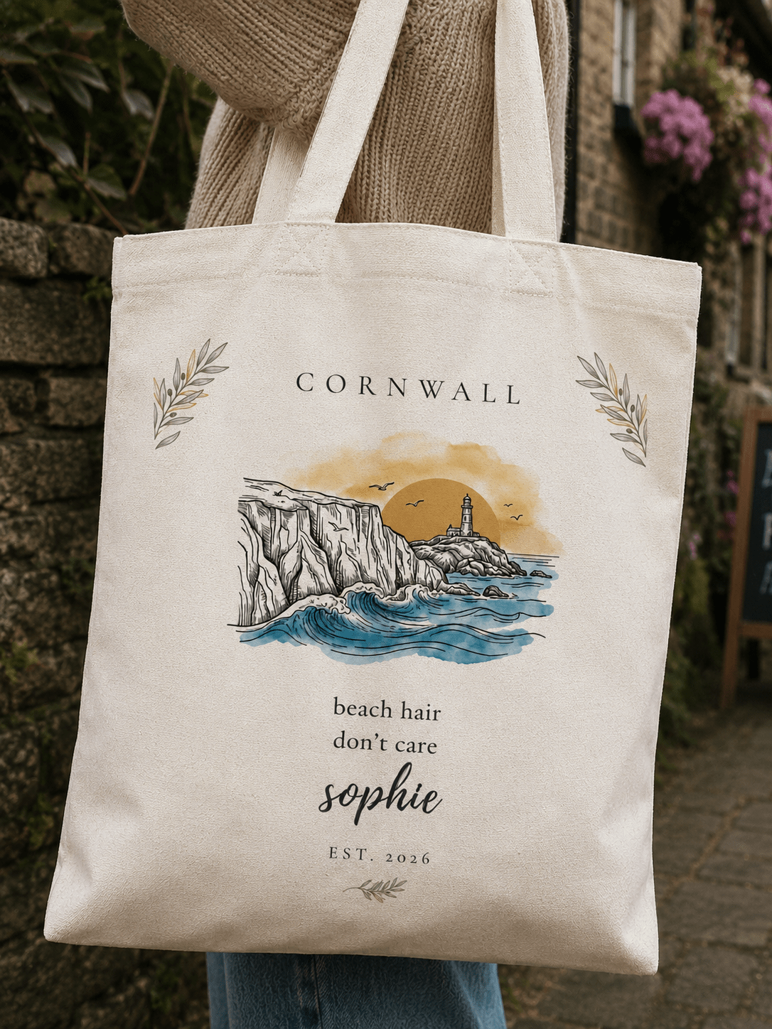 Personalised Coastal Tote Bag — Lighthouse & Cliffs Illustration with Custom Text & Year - AlleyCrafters