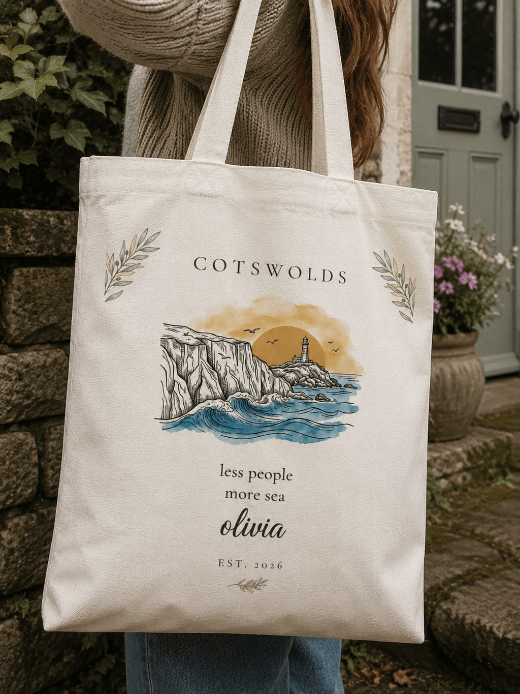 Personalised Coastal Tote Bag — Lighthouse & Cliffs Illustration with Custom Text & Year - AlleyCrafters