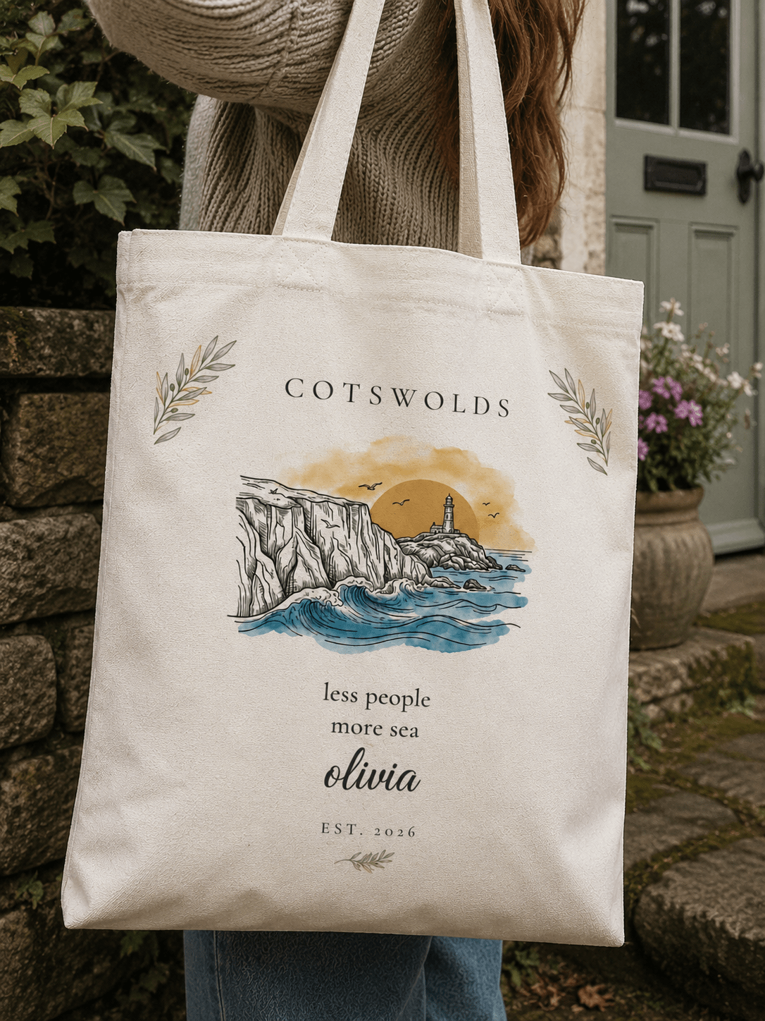 Personalised Coastal Tote Bag — Lighthouse & Cliffs Illustration with Custom Text & Year - AlleyCrafters