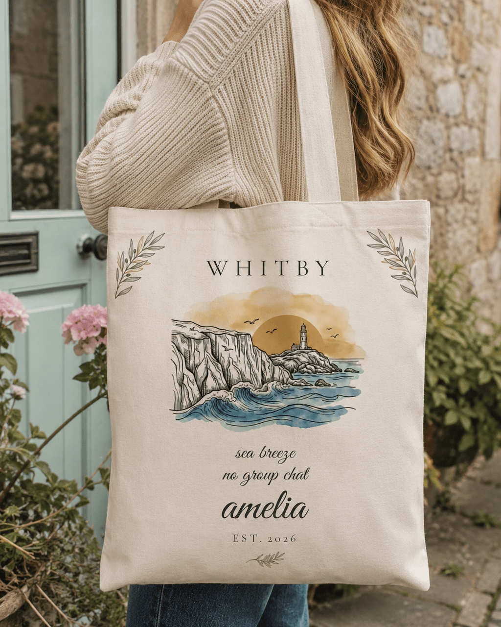 Personalised Coastal Tote Bag — Lighthouse & Cliffs Illustration with Custom Text & Year - AlleyCrafters