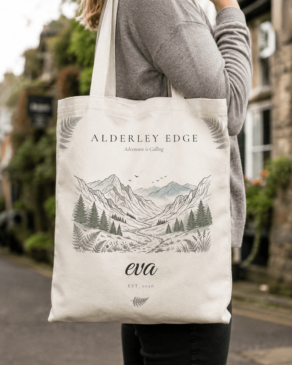 Personalised Mountain Tote Bag — Custom Location, Name & Date | Scenic Illustration - AlleyCrafters