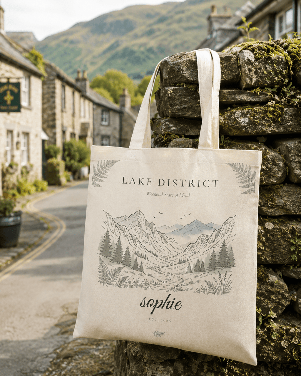 Personalised Mountain Tote Bag — Custom Location, Name & Date | Scenic Illustration - AlleyCrafters