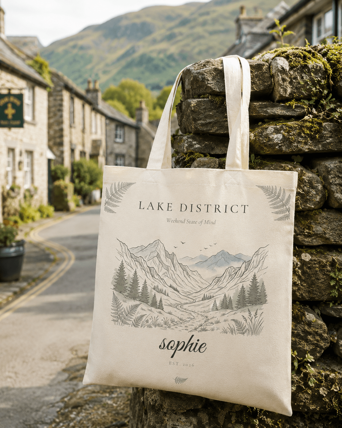 Personalised Mountain Tote Bag — Custom Location, Name & Date | Scenic Illustration - AlleyCrafters