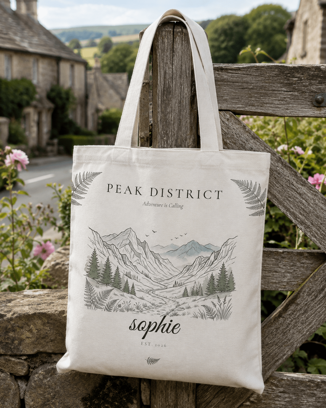 Personalised Mountain Tote Bag — Custom Location, Name & Date | Scenic Illustration - AlleyCrafters