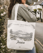 Personalised Mountain Tote Bag — Custom Location, Name & Date | Scenic Illustration - AlleyCrafters