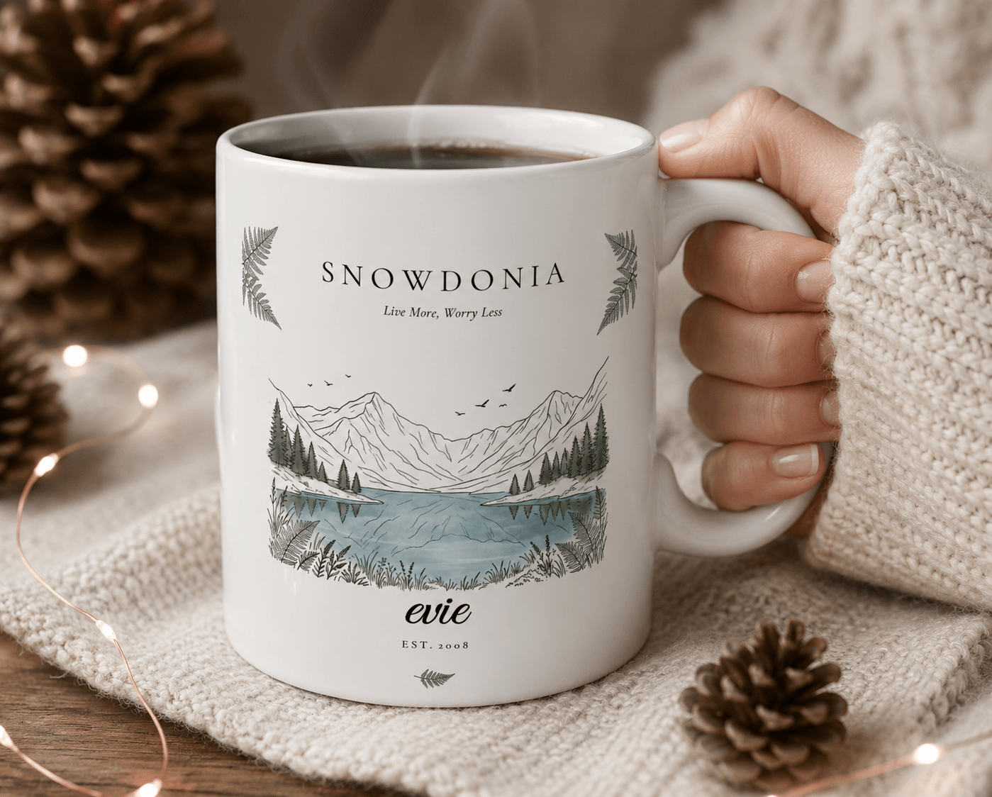 Personalised Snowdonia Scenic Mug — Lake & Mountain Illustration - AlleyCrafters