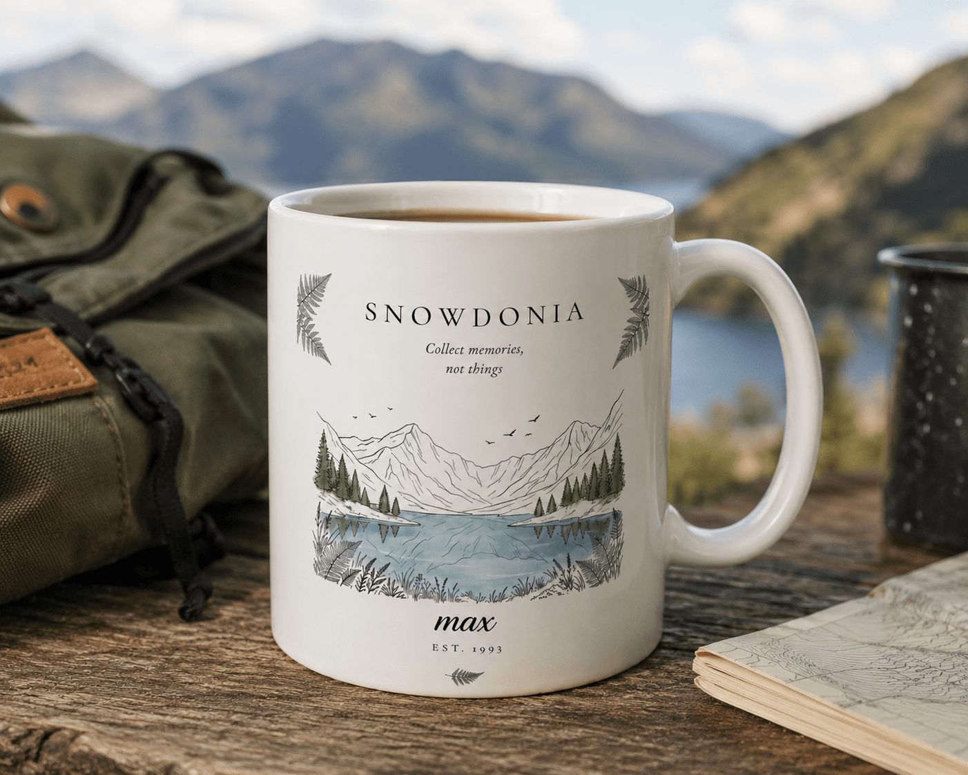 Personalised Snowdonia Scenic Mug — Lake & Mountain Illustration - AlleyCrafters