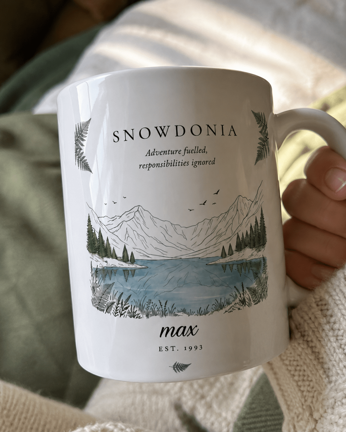 Personalised Snowdonia Scenic Mug — Lake & Mountain Illustration - AlleyCrafters