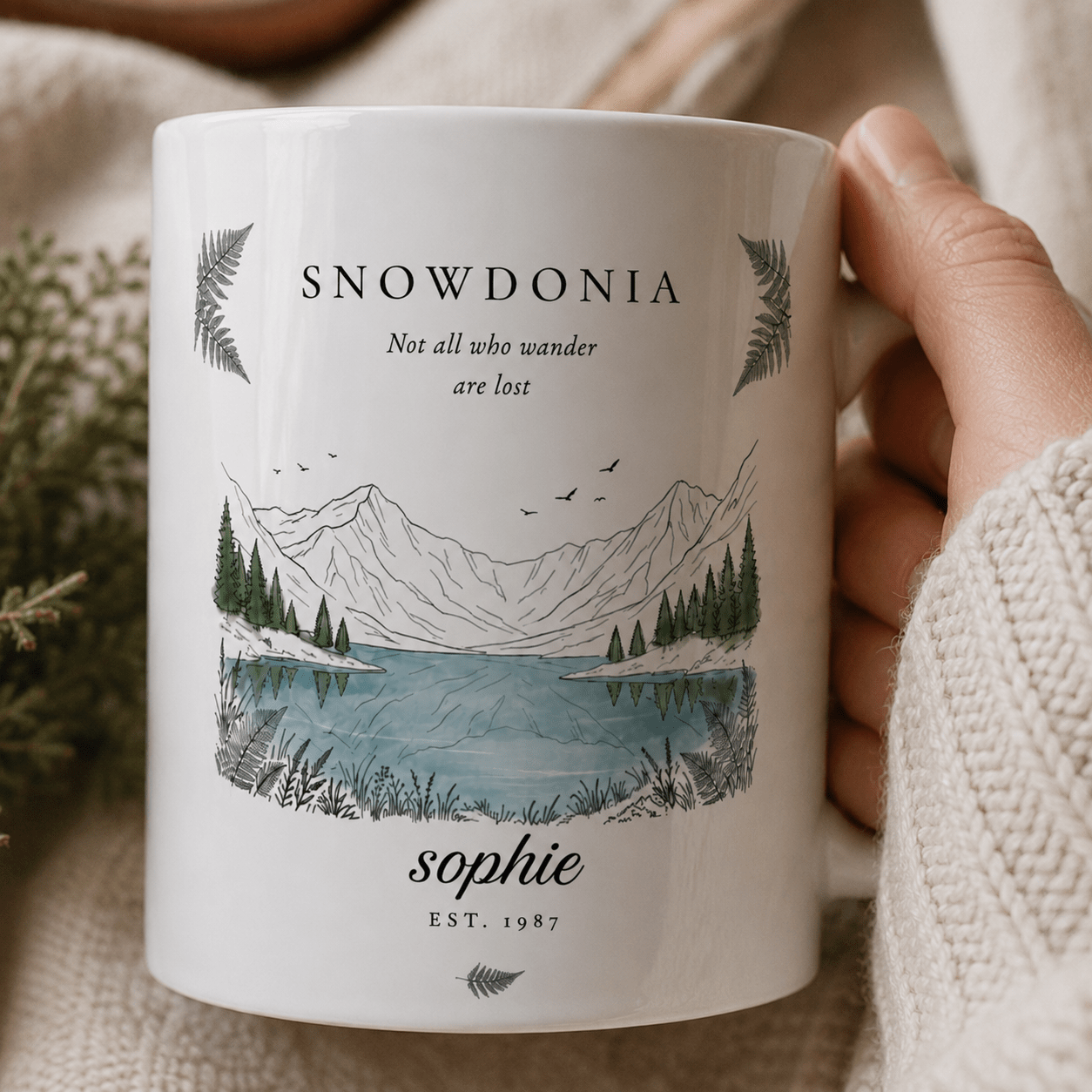 Personalised Snowdonia Scenic Mug — Lake & Mountain Illustration - AlleyCrafters