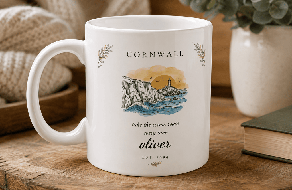 Personalised Cornwall Scenic Mug — Coastal Lighthouse Illustration - AlleyCrafters