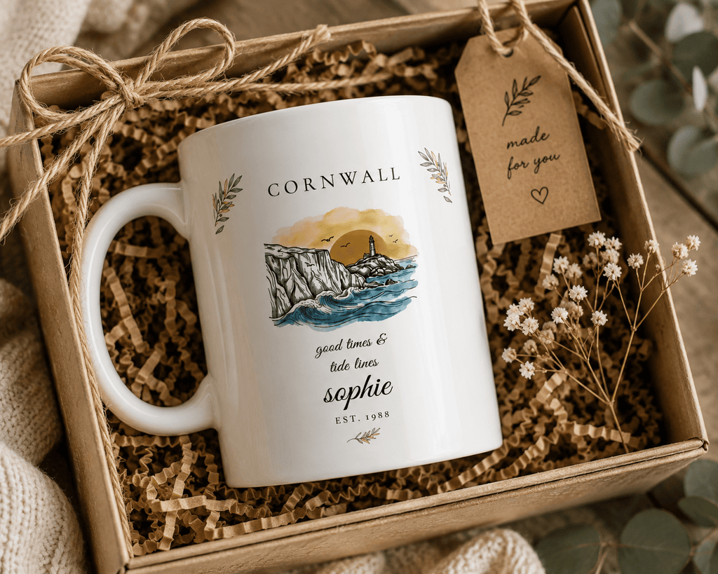 Personalised Cornwall Scenic Mug — Coastal Lighthouse Illustration - AlleyCrafters