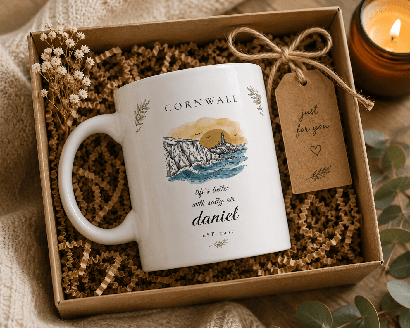 Personalised Cornwall Scenic Mug — Coastal Lighthouse Illustration - AlleyCrafters