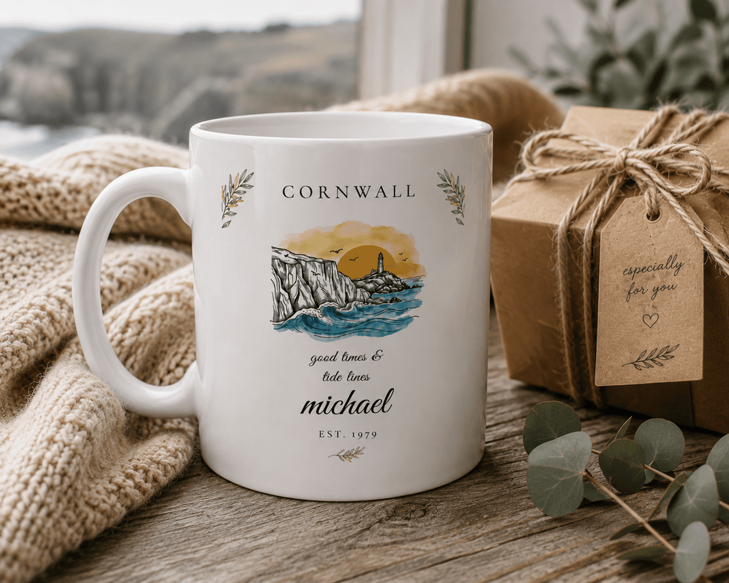 Personalised Cornwall Scenic Mug — Coastal Lighthouse Illustration - AlleyCrafters