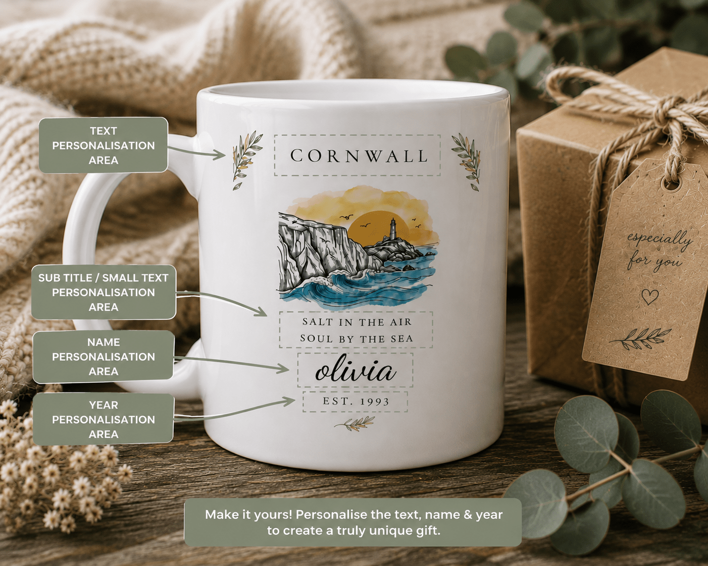 Personalised Cornwall Scenic Mug — Coastal Lighthouse Illustration - AlleyCrafters