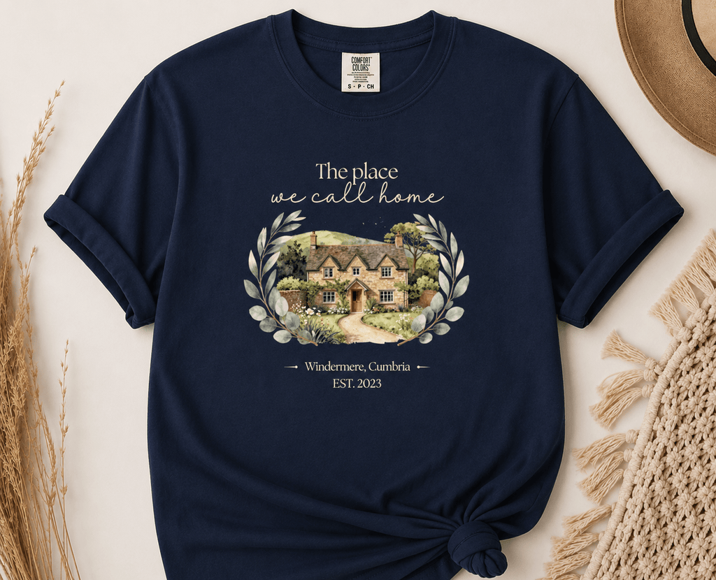 Personalised 'The Place We Call Home' T-Shirt | 4 Designs: Detached Cottage, Village Street, Countryside Landscape & Cottage with Mountains - AlleyCrafters