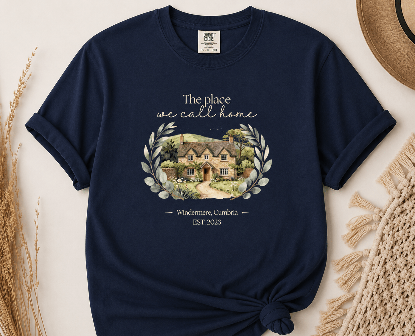 Personalised 'The Place We Call Home' T-Shirt | 4 Designs: Detached Cottage, Village Street, Countryside Landscape & Cottage with Mountains - AlleyCrafters