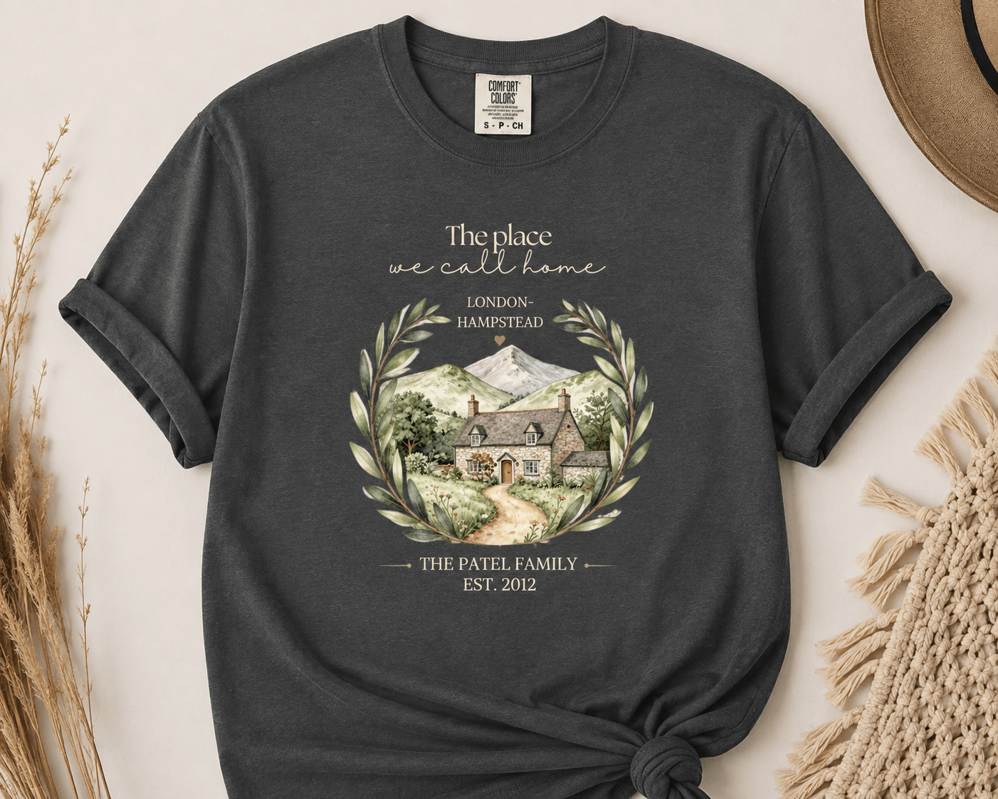 Personalised 'The Place We Call Home' T-Shirt | 4 Designs: Detached Cottage, Village Street, Countryside Landscape & Cottage with Mountains - AlleyCrafters