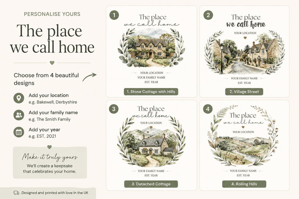 Personalised 'The Place We Call Home' T-Shirt | 4 Designs: Detached Cottage, Village Street, Countryside Landscape & Cottage with Mountains - AlleyCrafters
