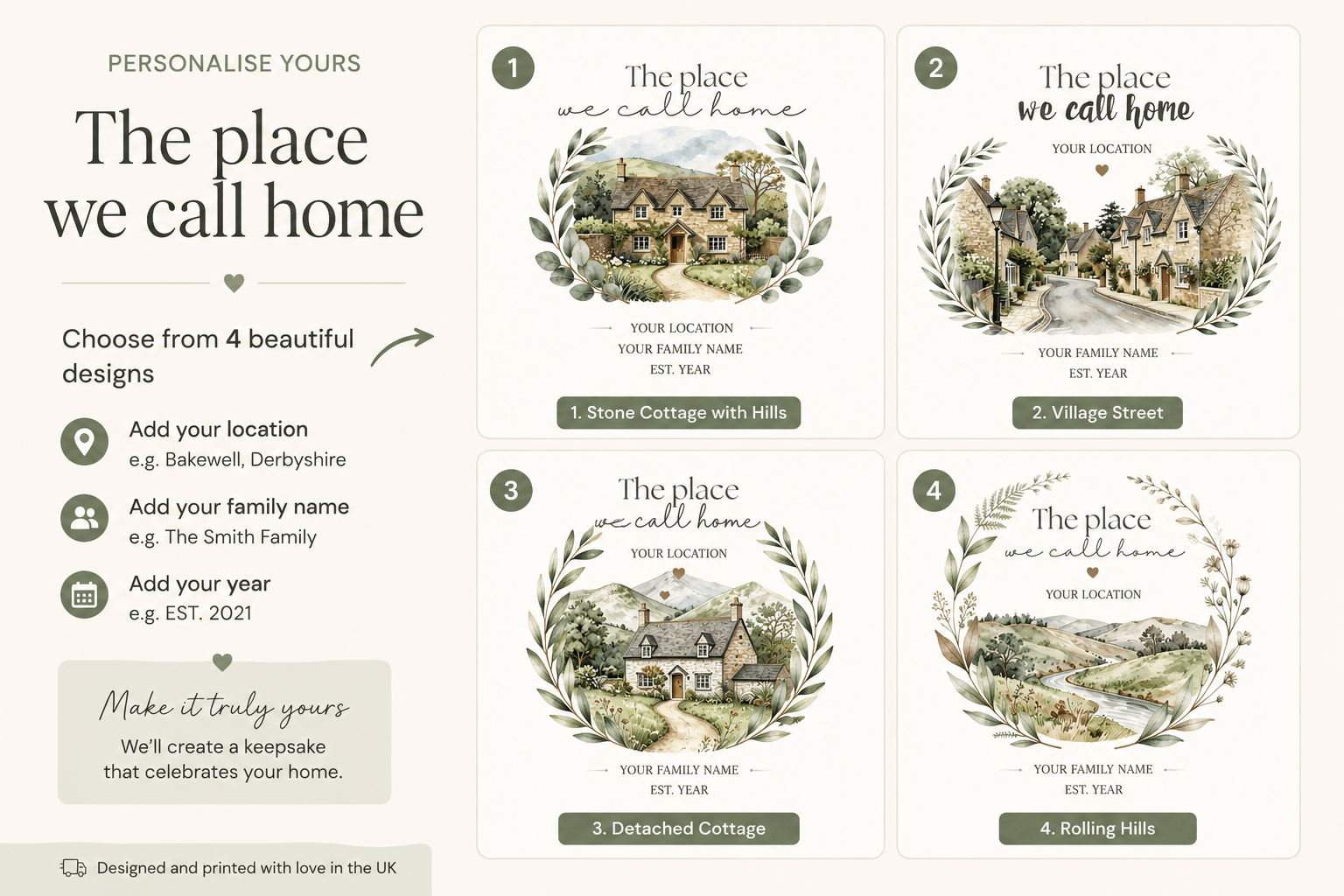 Personalised 'The Place We Call Home' T-Shirt | 4 Designs: Detached Cottage, Village Street, Countryside Landscape & Cottage with Mountains - AlleyCrafters