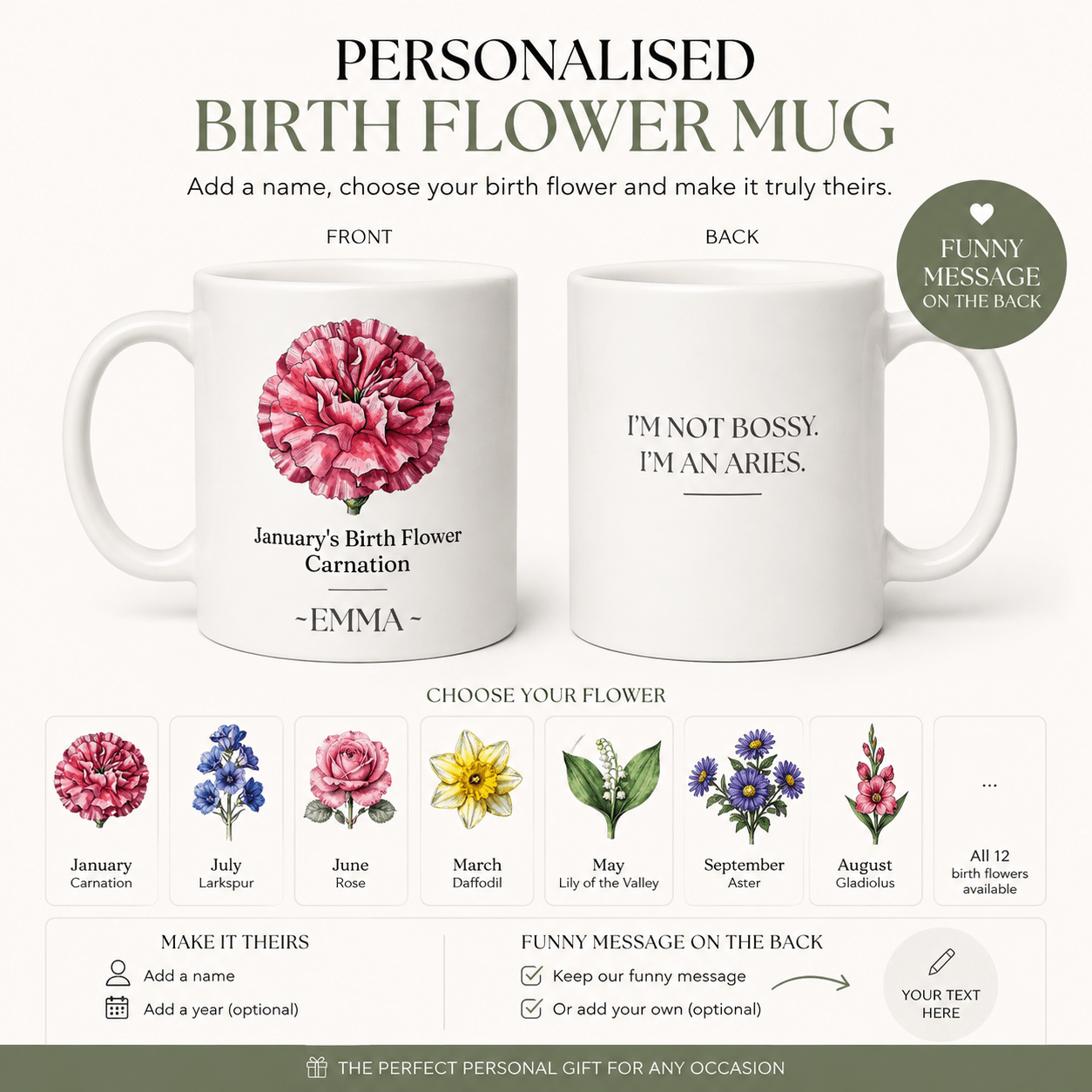 Personalised Birth Flower Mug with Name — Choose Your Birth Month - AlleyCrafters